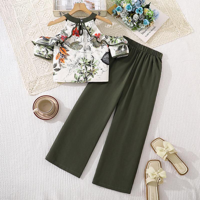 Girls' Fashionable Outfit - Summer Children's Elegant Short-sleeved Top and Wide-leg Pants Set