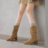 Krazing Pot Cow Suede Nubuck Winter Round Toe Modern Boots Med Heels Slip On Pleated Decoration Women Mid-calf Boots
