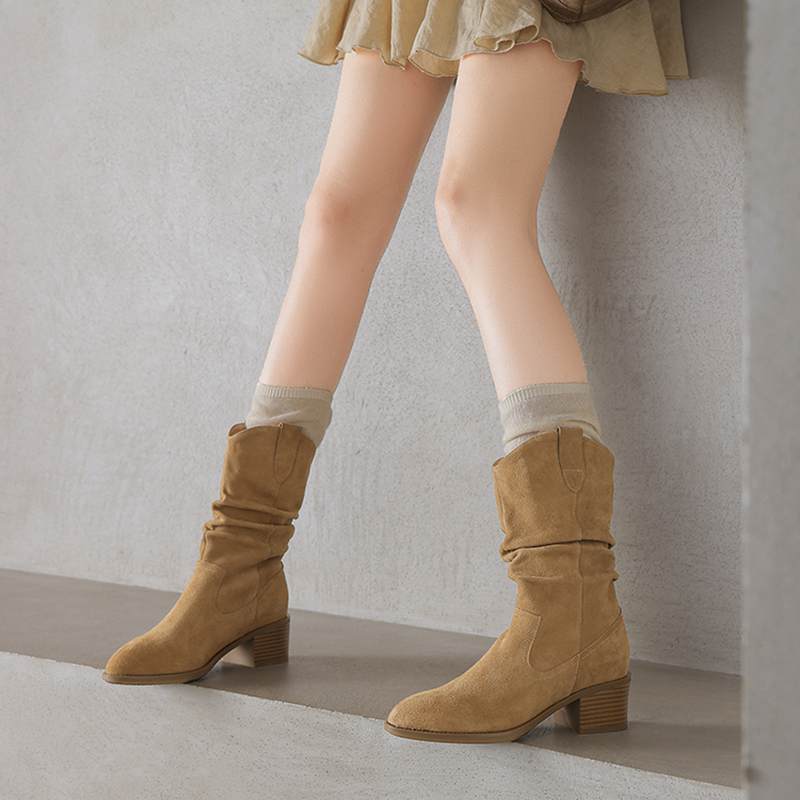 Krazing Pot Cow Suede Nubuck Winter Round Toe Modern Boots Med Heels Slip On Pleated Decoration Women Mid-calf Boots
