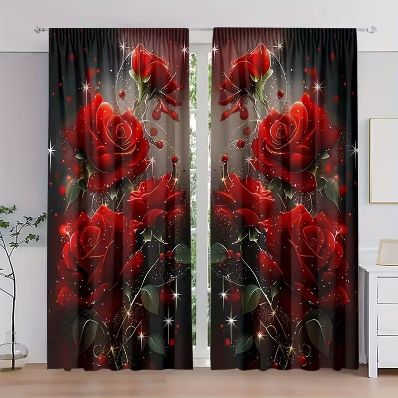 2 Pack Sparkling Red Rose Print Curtains   Flat Print Design   Polyester Fabric   Living Room Bedroom Window Decor   Suitable for El