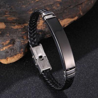 Hip Hop Black Leather Bracelet Stainless Steel Bracelets Bangles Men Charm Bangle Men Jewelry Fashion Gift