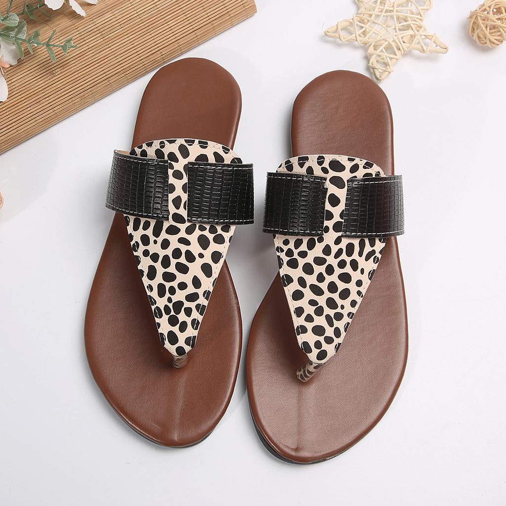 Large size women's slippers one-word buckle with round head flat bottom casual leopard print toe sandals women