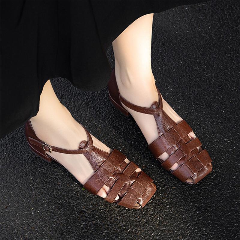 Fashion New Summer Sandals Genuine Leather Square Toe Sandals for Women Fashion Cover Toe Low Heels Sandals Ladies Shoes Gladiator Shoes