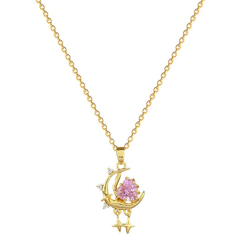 Pink Star Moon Full Diamond Light Luxury Temperament Gorgeous Full Diamond Necklace Female Versatile Collarbone Chain Titanium Steel