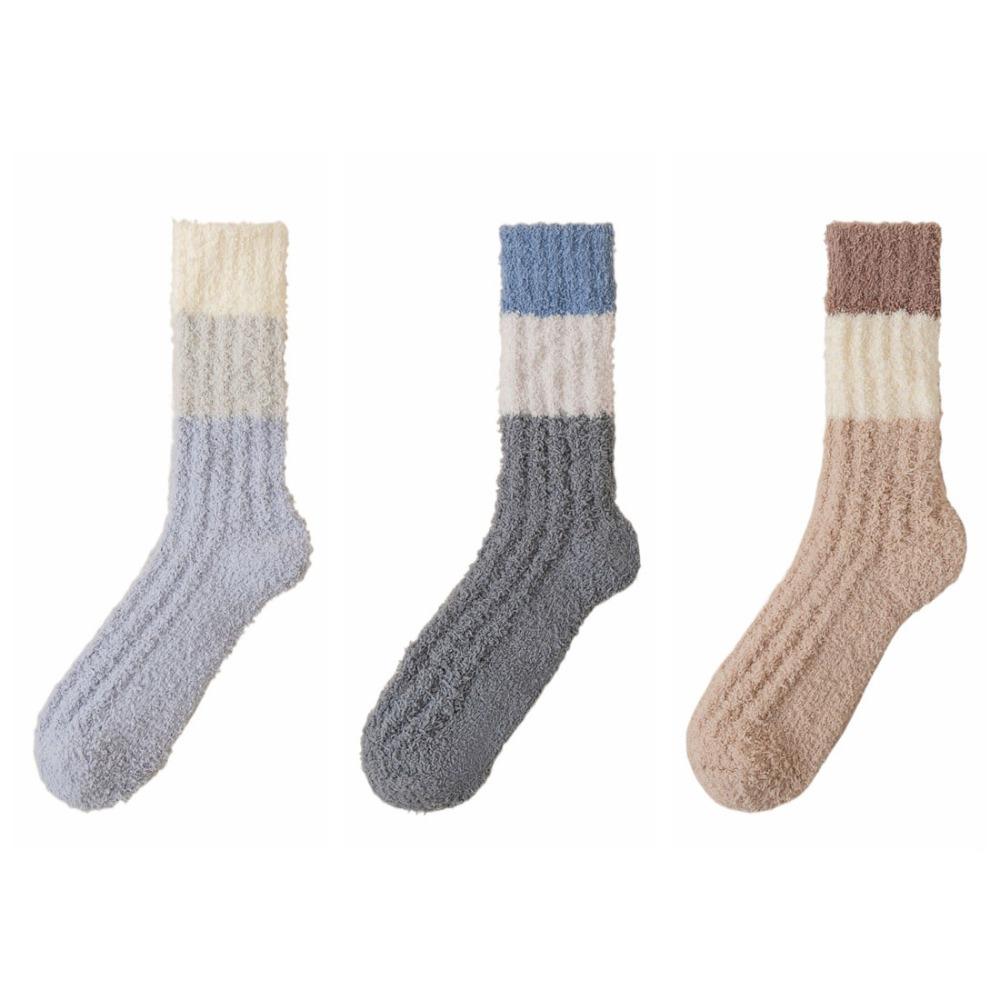 

3Pairs Thickened Coral Fleece Socks Stripe Mid Tube Socks Women Kawaii Floor Plush Socks Autumn Style C