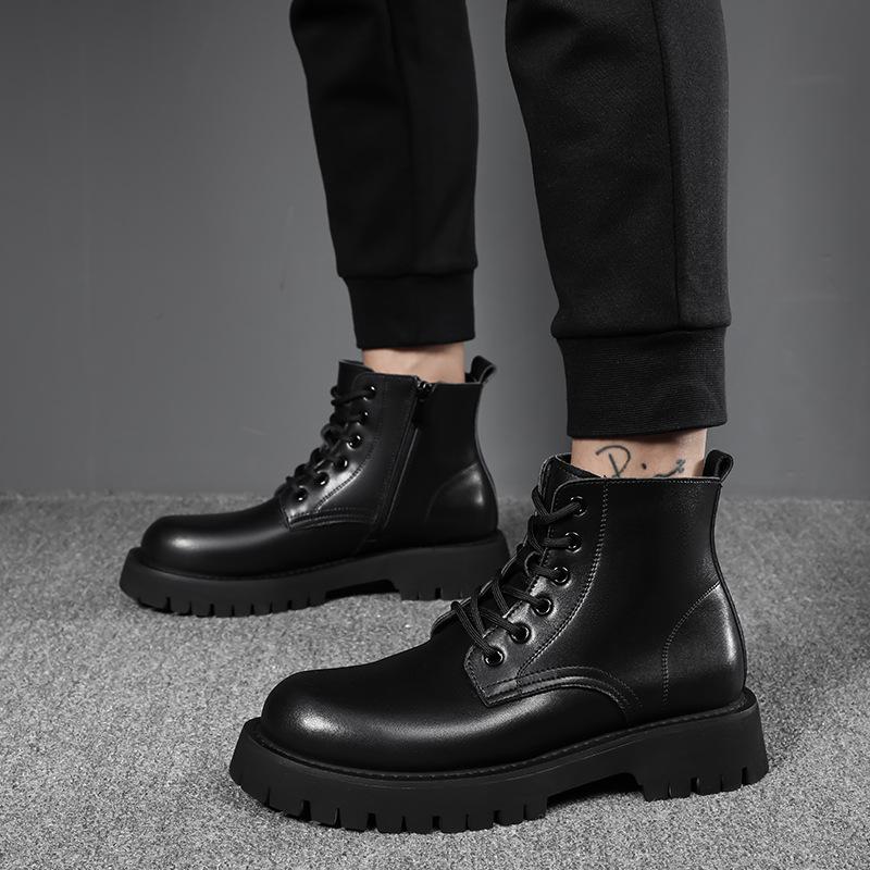 Fashion mens casual platform boots black genuine leather shoes cowboy autumn winter boot business office dress chunky ankle botas hombre