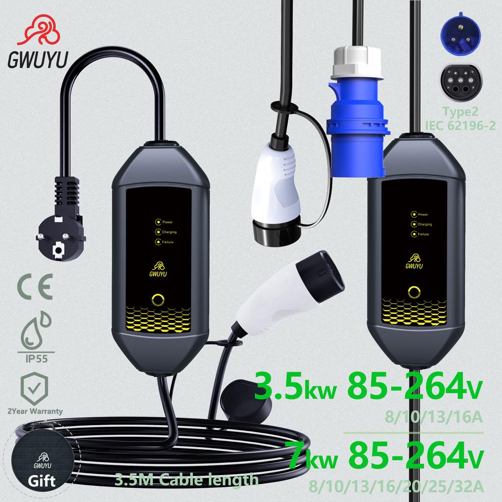 GWUYU Type 2 Car Charger 16A Protable EV Charger 3.5M  Cable Current Car Charging Station Plug and play with indicator light