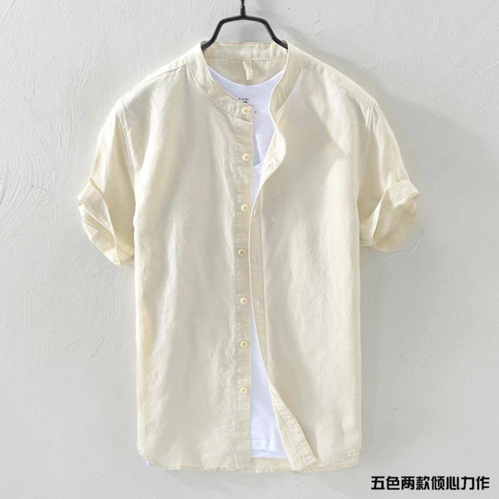 Short-sleeved Shirt Men's Stand Collar Loose Retro Thin Breathable Versatile Inch Clothes Dark Blue Cotton Linen Simple Casual