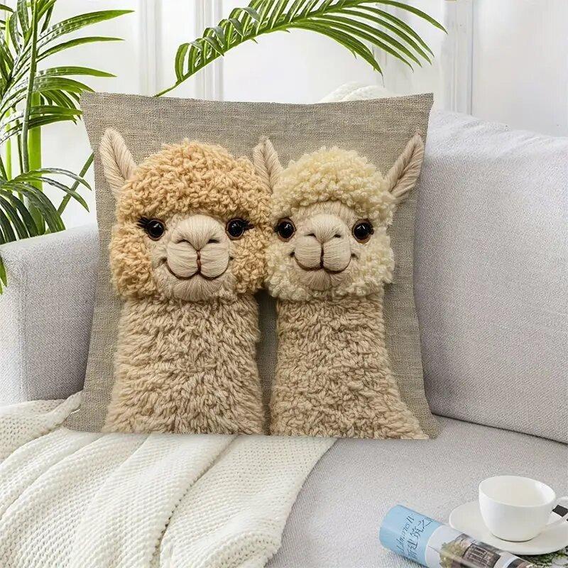 45X45Cm Christmas Retro Two Alpaca Print Pillow Cover Winter Cushion New Year Home Decor Sofa Pillowcase Car Cushion Cover