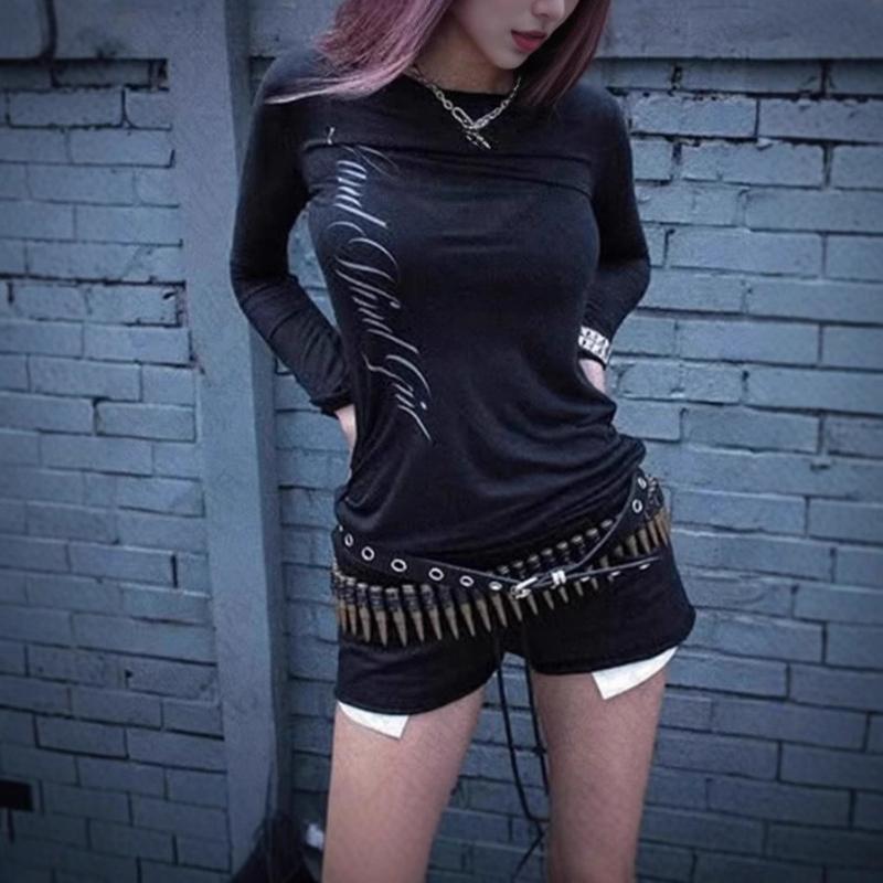 European and American retro round neck letter printed slim fit top for women in spring and summer