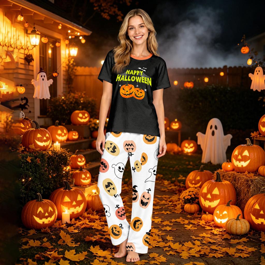 Family Matching Halloween Printed Loungewear Set with Short Sleeve Top and Pants