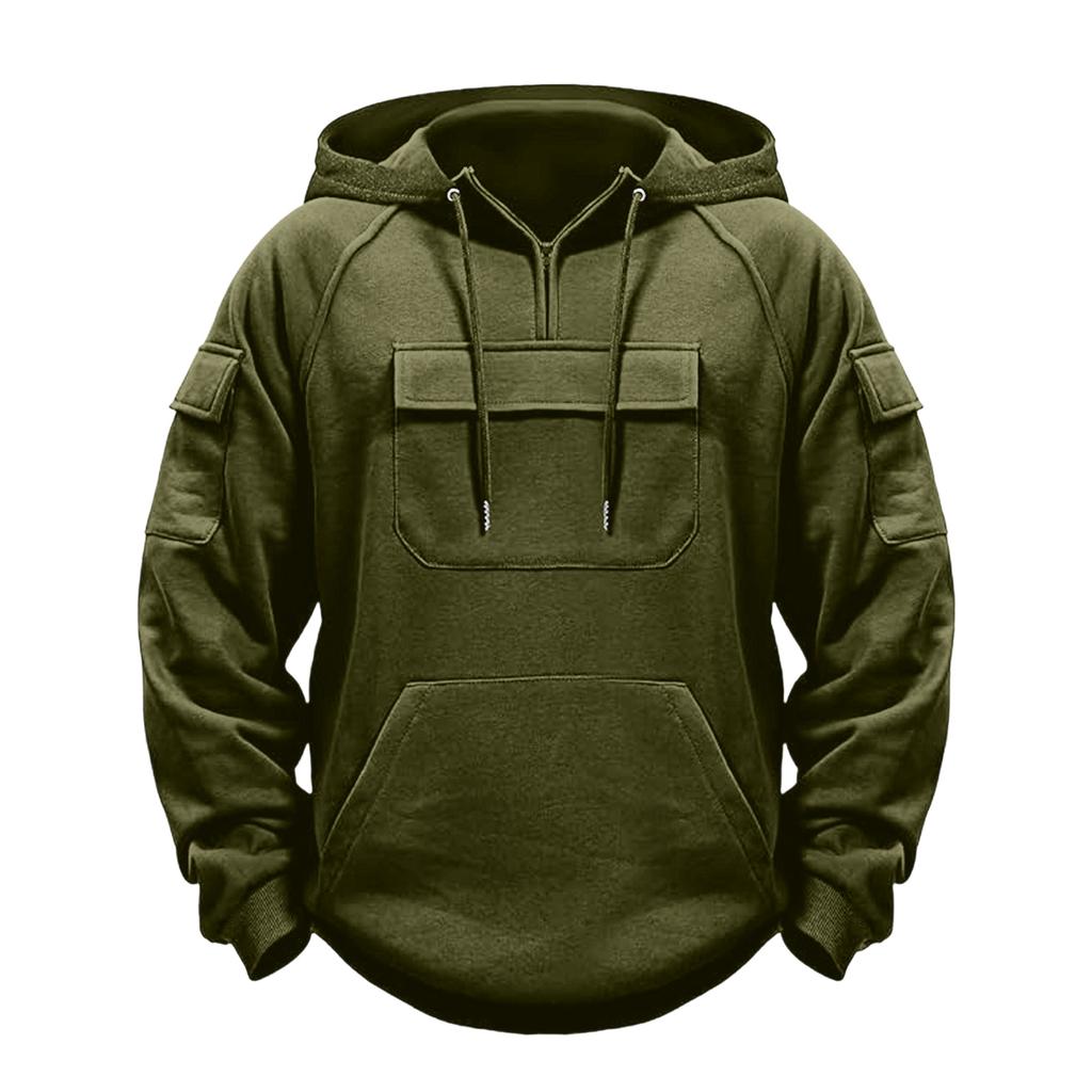 Men's Cargo Hoodie | Drawstring Multi-Pocket, Solid Color For Outdoor & Casual Wear