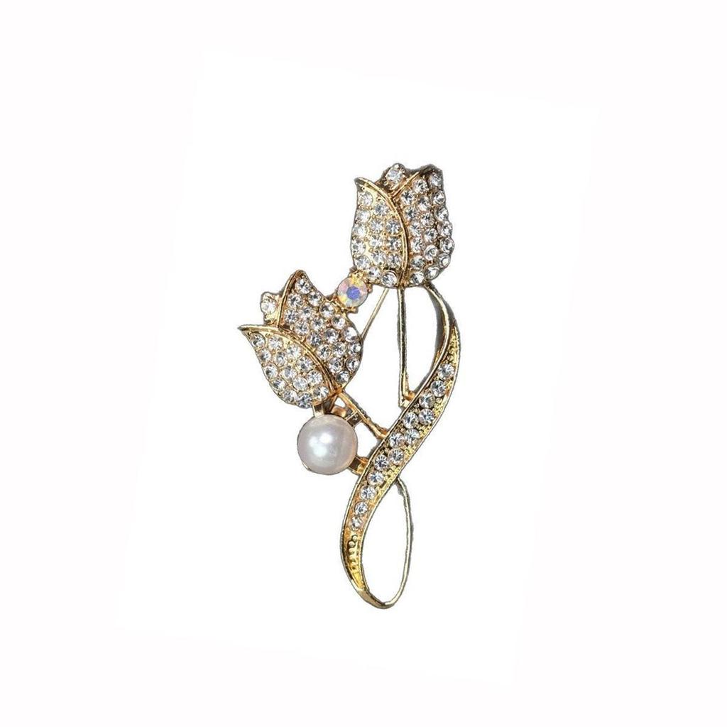 Tulip Brooch with Diamonds & Pearls - Women's Floral Pin with Secure Anti-exposure Fastener