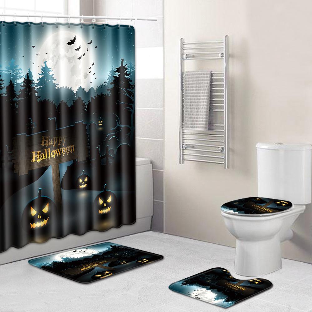 Halloween Bathroom Shower Curtain Floor Mat Combination Four-Piece Set Bathroom Toilet Carpet Door Mat