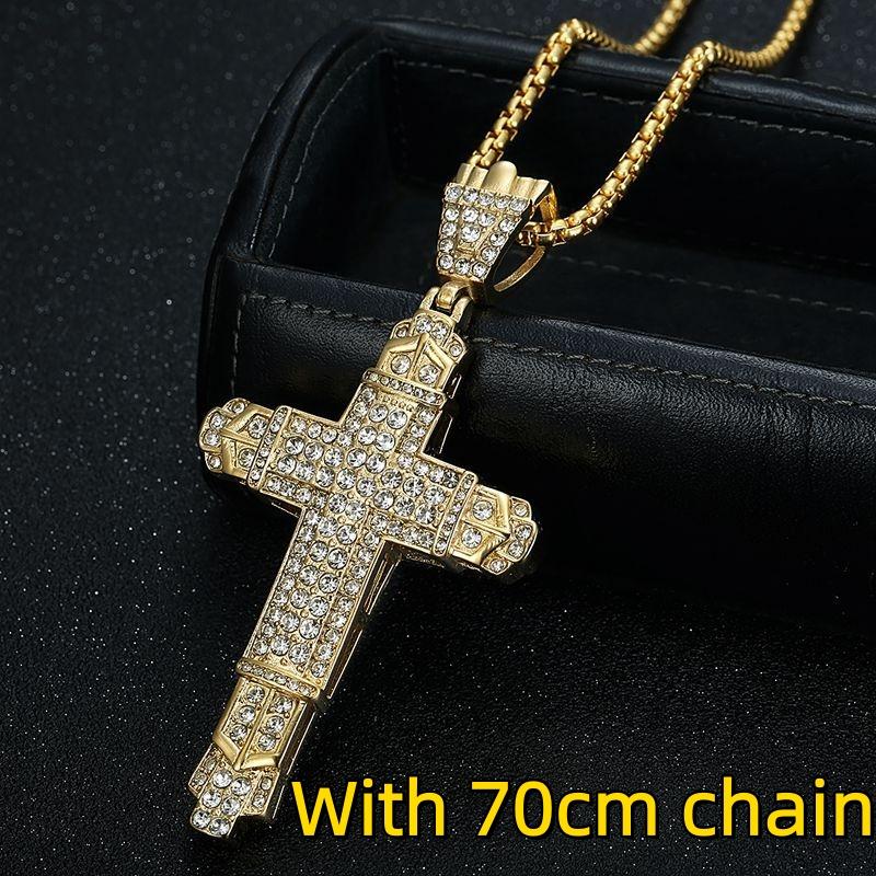1pc Hip Hop Big Cross Gold Color with Rhinestone Pendant for Men Charm Chain Necklace Father's Day Fashion Gift Jewelry