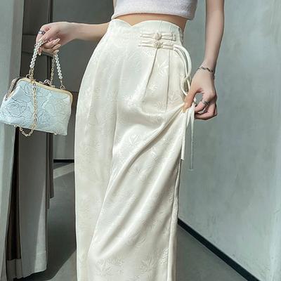 New Chinese Satin Jacquard Suit Pants for Women In Spring and Summer New High-waist Loose Straight Button Wide-leg Pants