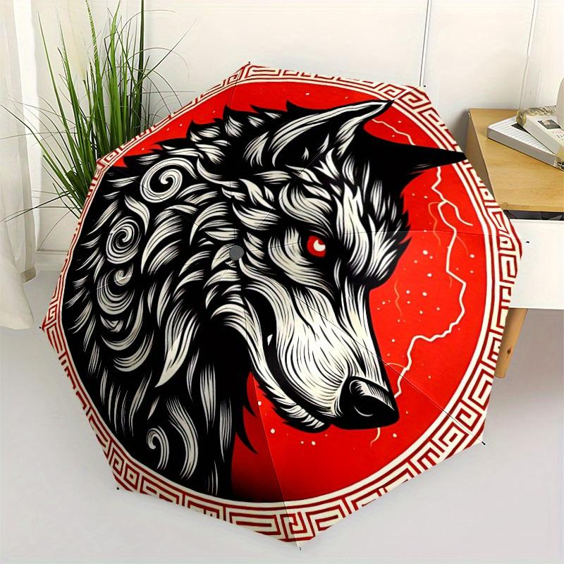 1pc Wolf Emblem Automatic Open/Close Umbrella Sturdy Iron Frame, Compact Travel Umbrella, Intricate Design Umbrella A0829078