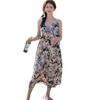 Holiday wind floral v-neck halter suspender dress for women's summer niche loose waist over knee A-shaped long dress wholesale
