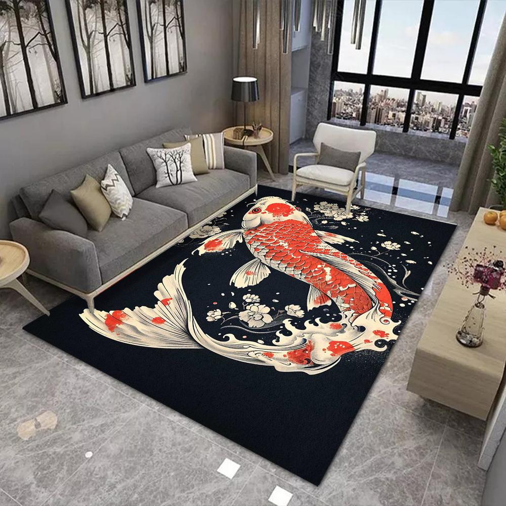 Japanese Koi Fish Carpet Red White Cherry Blossom Rug Oriental Mat Non-slip Soft Home Decoration Living Room Durable Floor Mat