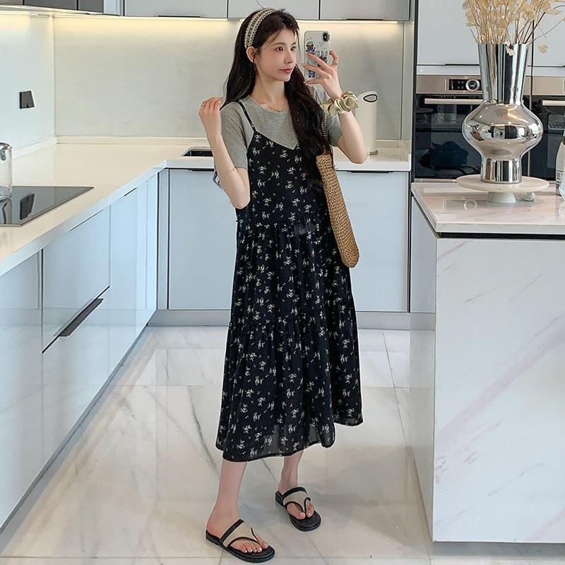 2026 Summer Maternity Korean Style Cotton T-shirt Chiffon Patchwork Dress