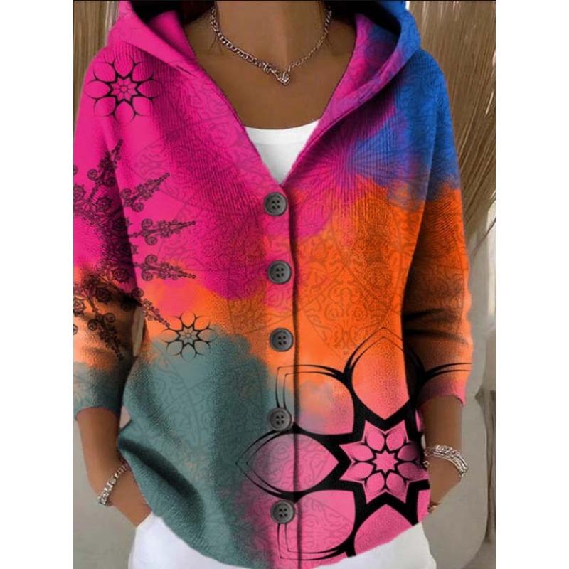 Women S Printed Button Knit Hooded Cardigan Sweatshirt Casual Loose Outerwear