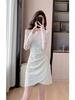 Elegant Lace Patchwork Semi-High Neck Dress: Waist-Cinching, Hip-Hugging Short Skirt