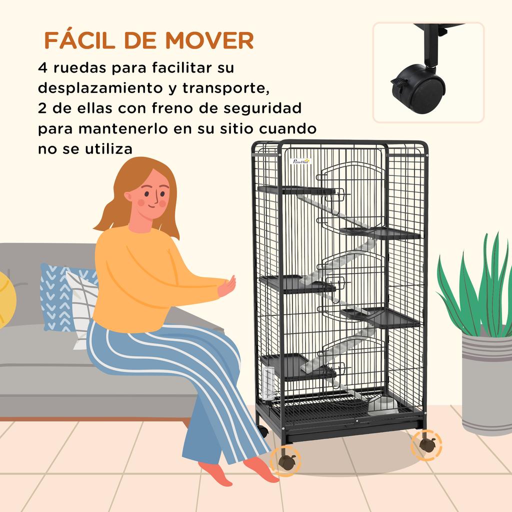 6-Level Rodent Cage with Wheels, Platforms, Removable Tray, Feeder and Waterer, 61.5x44x131 cm, Black