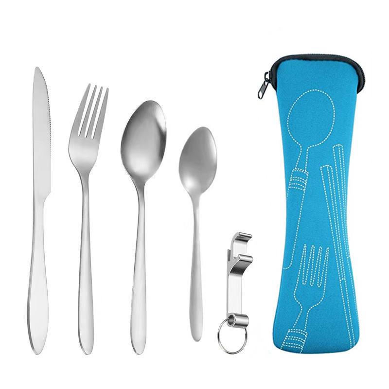 Tragbares Edelstahl-Besteckset - 5-teiliges Reisebesteck mit Messer, Gabel, Löffel und kleinem Löffel für Camping & Outdoor