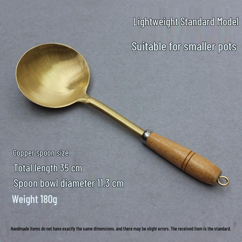 Handcrafted Brass Wok Spatula & Copper Spoon Set with Wooden Handles, Uncoated Raw Brass Utensils for Household Use