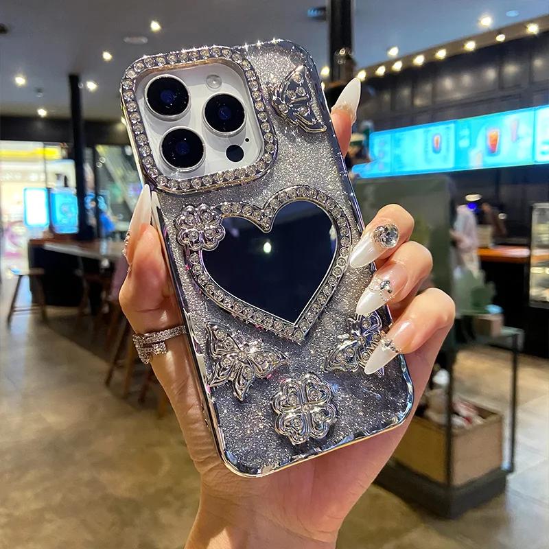 Luxe Galvanisch Gecoate Vlinder Glitters Diamant Hoesje voor IPhone 17 16 15 14 13 12 Pro Max Transparante Hart Make-up Spiegel Cover