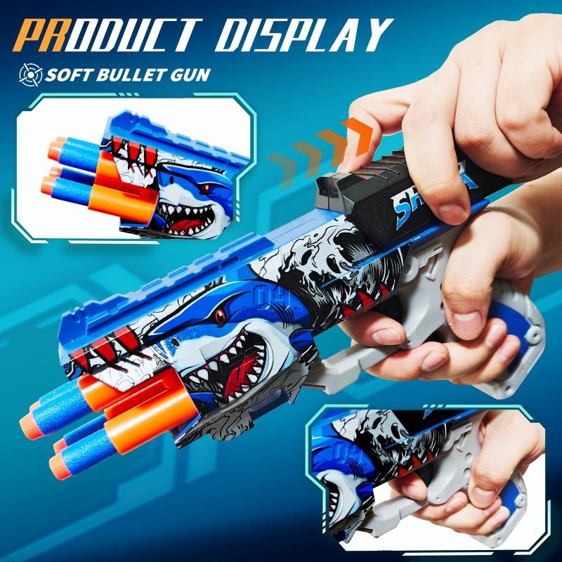 4-S Shark Graffiti Toy Blaster Set with Target EVA Soft Foam Darts Wrist Strap Interactive Shooting Game for Kids Boys Gift