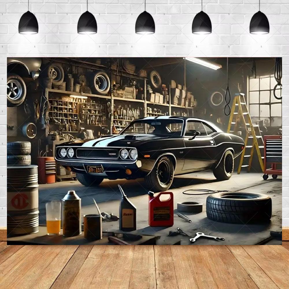 Bannière de Fond de Voiture Chaude Vintage Décoration de Fête Toile de Fond de Garage Classique Fournitures Style Industriel Pneu Outil Accessoire de Photographie