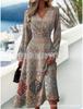 New European and American women's clothing, popular printed striped waist fashion V-neck dress