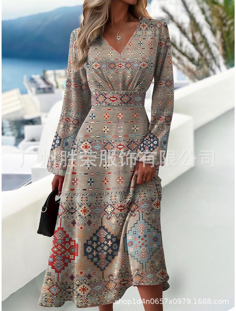 New European and American women's clothing, popular printed striped waist fashion V-neck dress