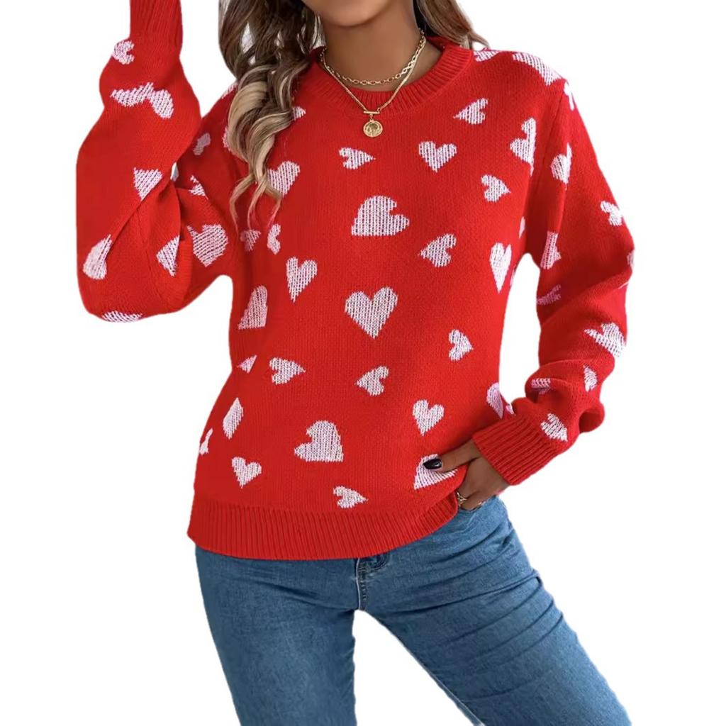 GMXIA Autumn and Winter Casual Color-blocking Heart-shaped Lantern Sleeve Pullover Sweater for Valentine's Day Women's Wear