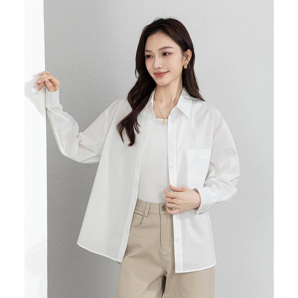 Yi Fei Spring 2026 White Cotton Formal Shirt: Business Commuting Lapel, Long Sleeve, Waist-Cinching, Loose Fit