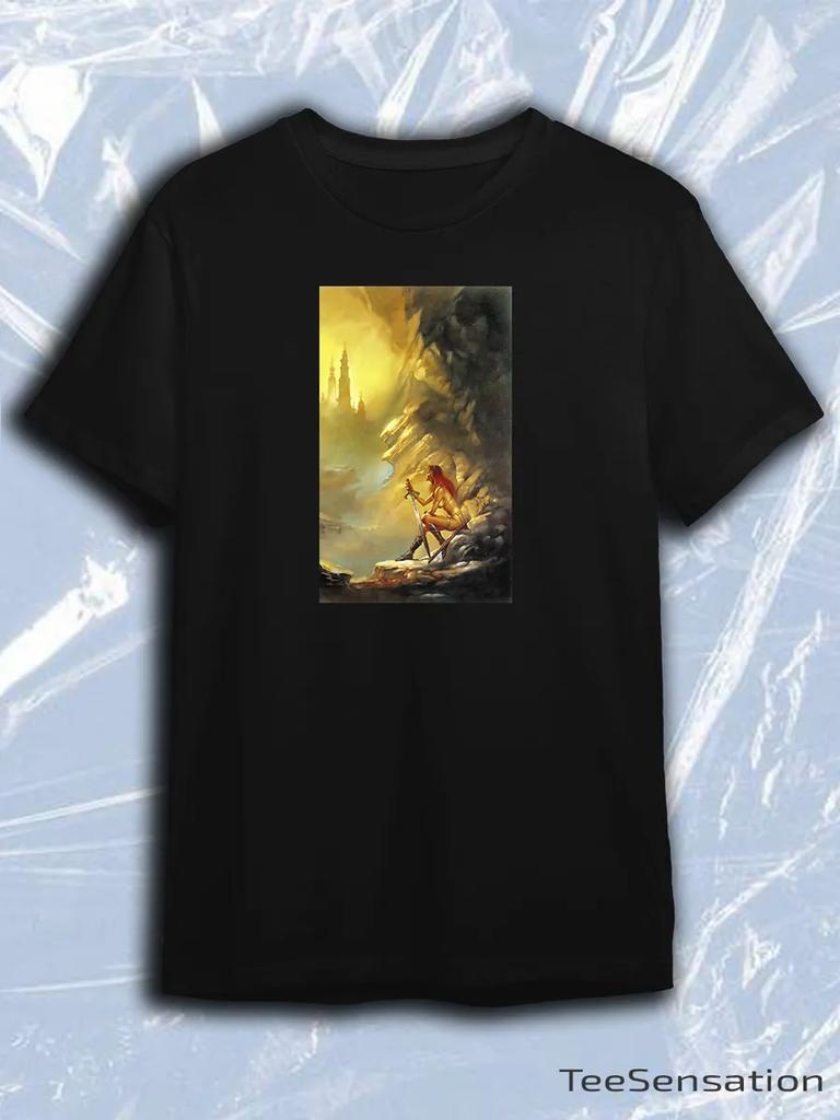 Black Crew Neck Short Sleeve T-Shirt with Fantasy Warrior Woman Landscape Painting
