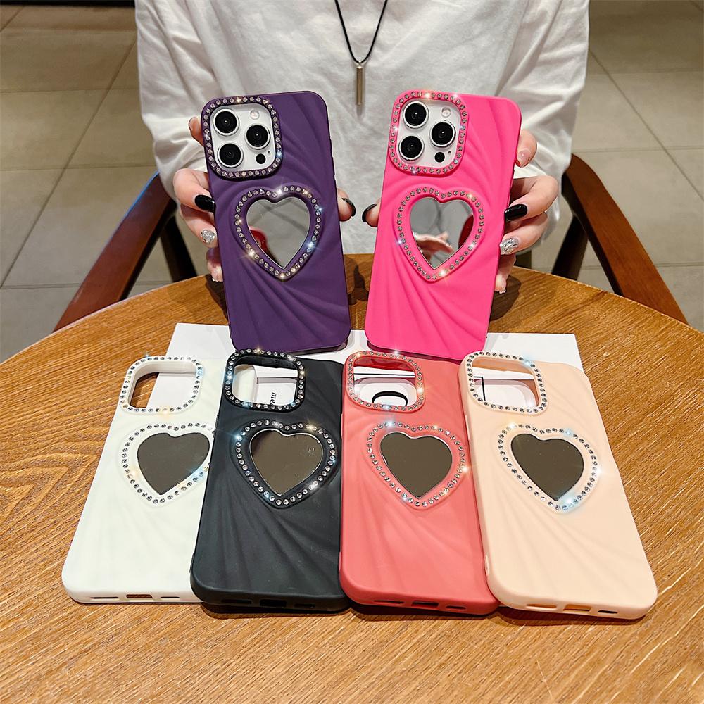 Fashion Women Girls Phone Case For iPhone 16E 16 Pro Max 7 8 X XR XS 11 12 13 14 15 Plus Heart Makeup Mirror Glitter Frame Cover