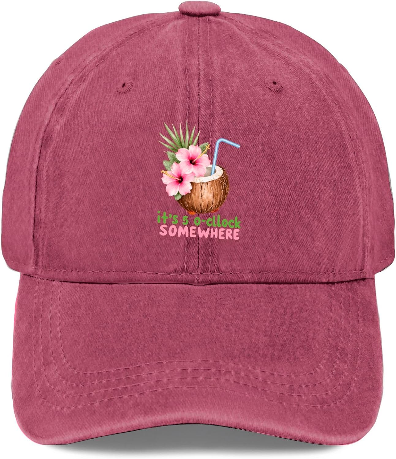 Its 5 OClock Somewhere Coconut Drink Denim Cap Casual Polyester Printed Adjustable Hat One Size