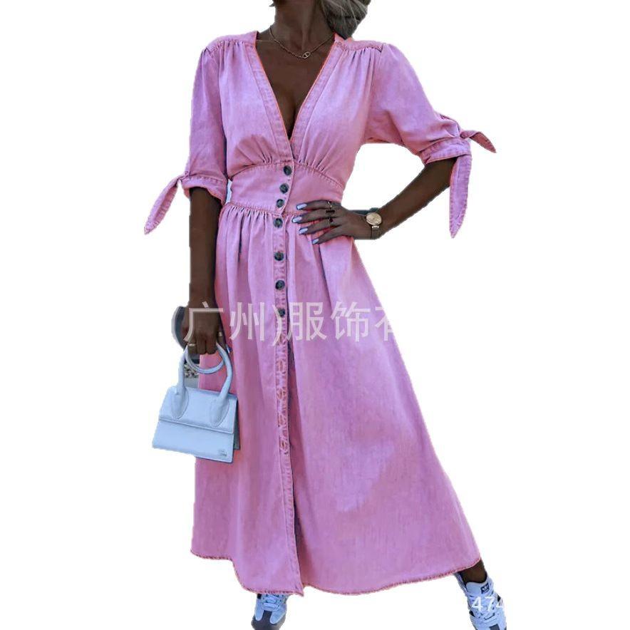 New European and American women's clothing summer spot collar cardigan pure cotton solid color waist dress