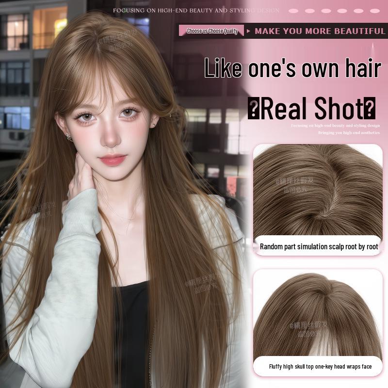 Long Straight Black Wig Set: Natural Hair, Full Head, Fashionable & Age-Reducing.