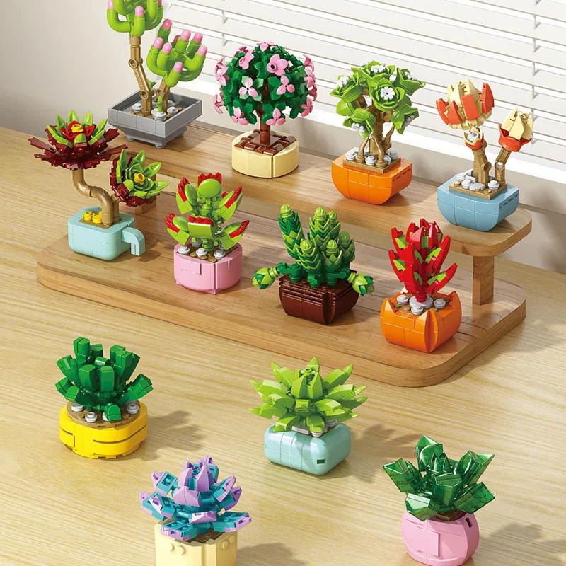 New Flowers Succulents Building Blocks Everlasting Bonsai Tree Gardens Romantic Girls Bricks Potted Plants Hot Model Kids Toys