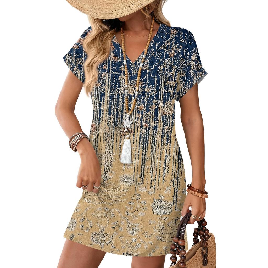 Kurzarm Damenkleid Lässige Kleider Mit Taschen V-Ausschnitt Urlaubs Boho Strand Sommerkleid