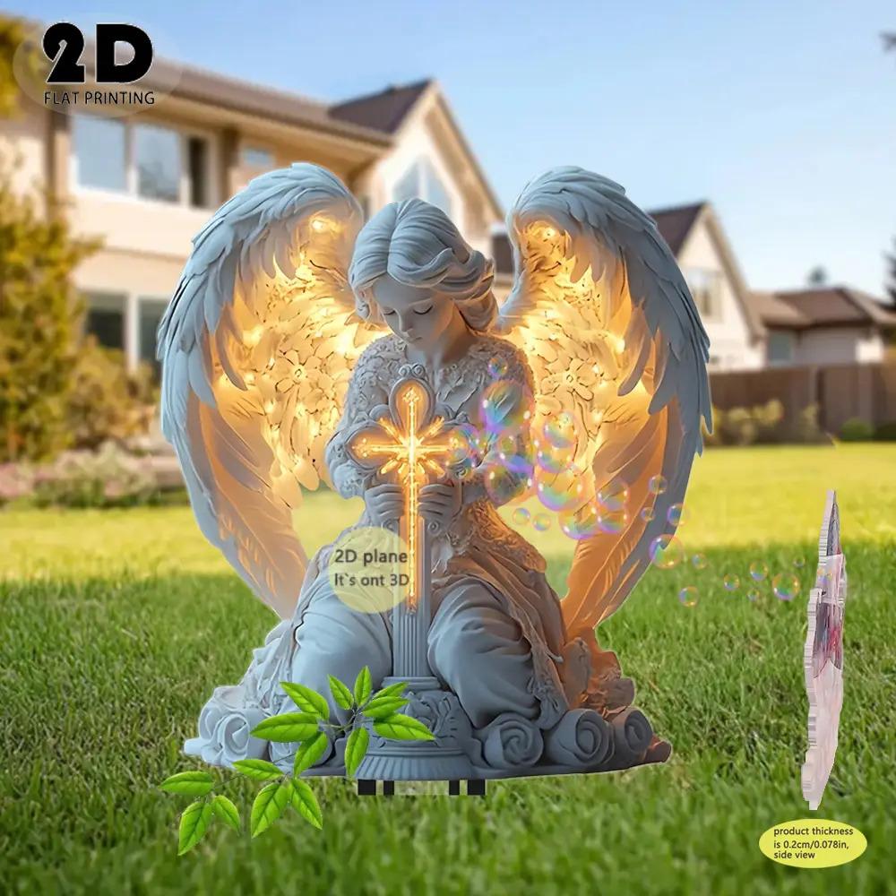 2D Angel Cross Garden Statue Religious Memorial Decor Durable Plastic Lawn Tombstone Mark Christmas Easter Thanksgiving Easy To Install