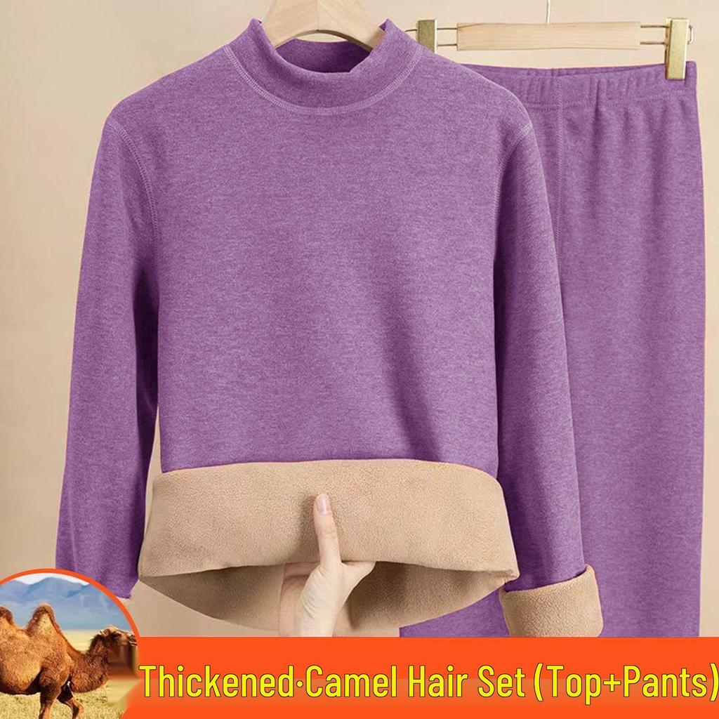 Women's Camel Hair Thermal Underwear Set: Thickened Autumn/Winter, Round or Half High Neck, Super Thick and Warm.