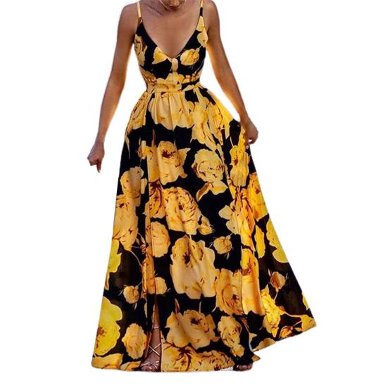 V-neck Waist Tight Split Hem Lady Dress Floral Print Sleeveless Sling Beach