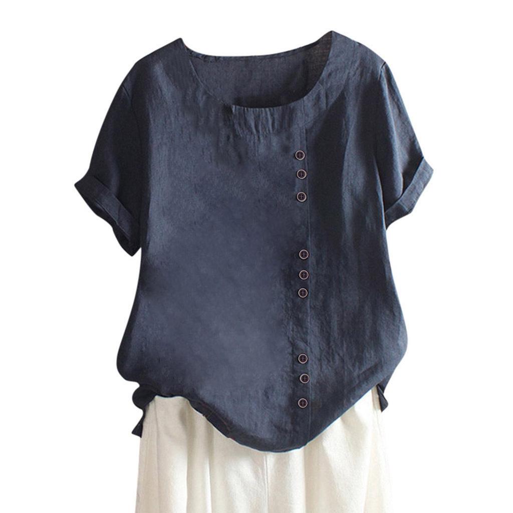 2024 Women's European & American Fashion Short Sleeve Casual Cotton Linen Top with Button Detail