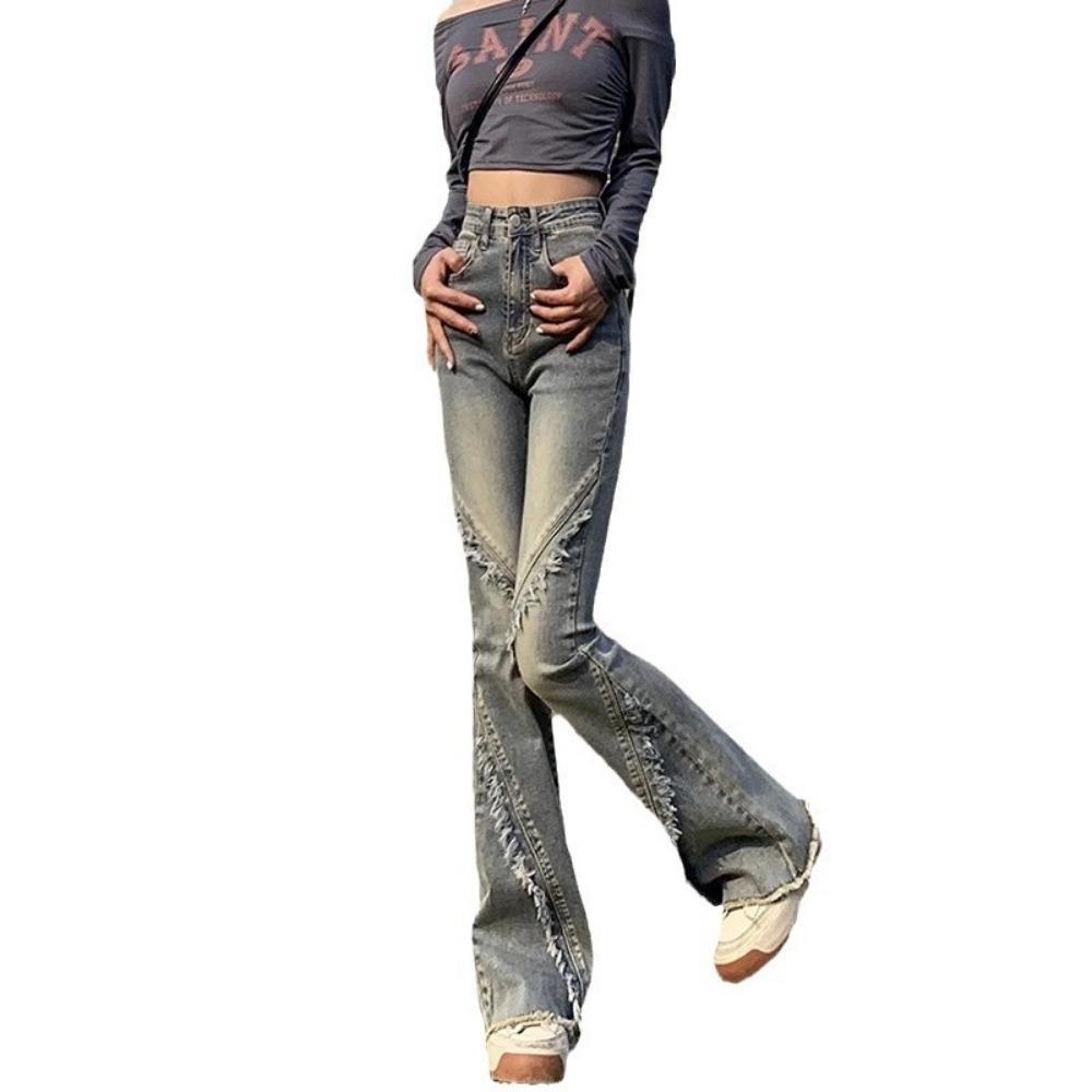 Rough Edge Slightly Pulled Jeans Women's Spring and Autumn New High-waisted Slim-fitting Splicing Nostalgic Horseshoe Horn Jeans