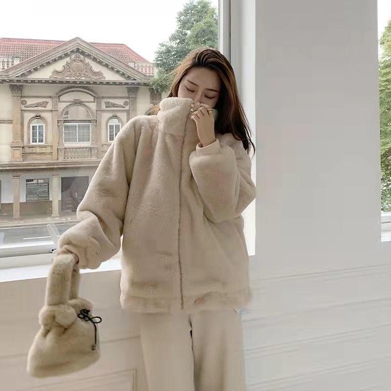 Imitation rabbit fur warm women's winter loose stand-up collar thickened cotton plush top jacket