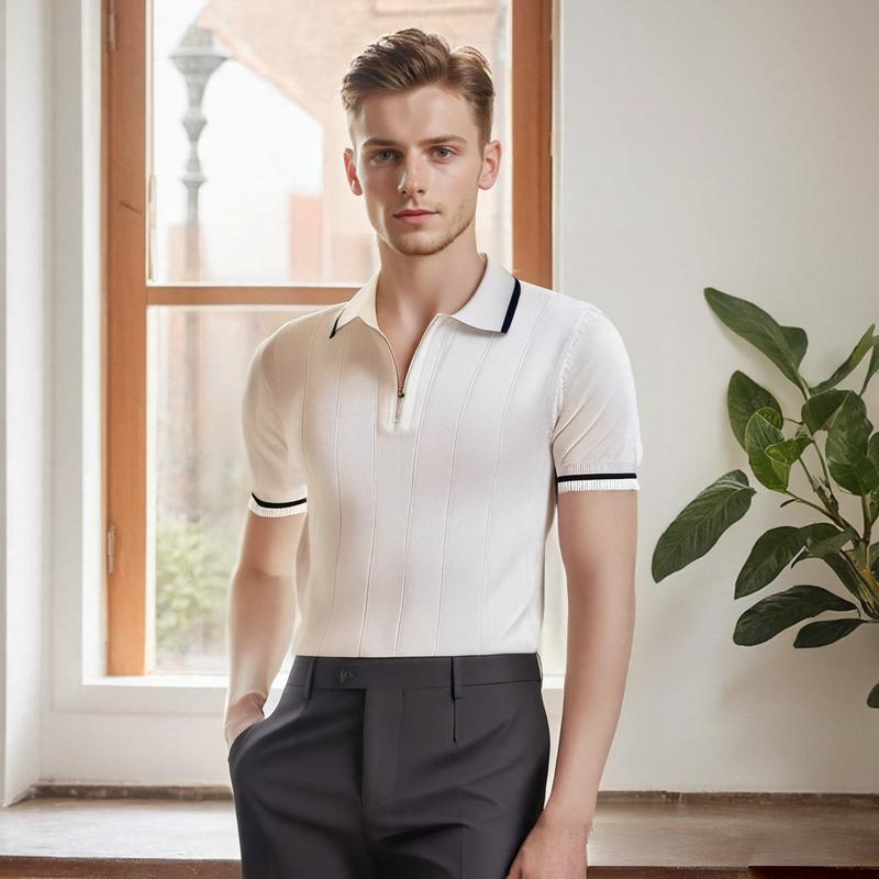 Summer Thin Ice Silk Turn-Down Collar Men's Polo Shirt Knitted Short Sleeve T-Shirt Half-Zip Trendy Slim Fit Half Sleeve